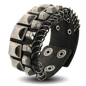 Black Leather Bracelet w/ Ancient Silver Toned Square Shaped Rivets & Fastened Hoops