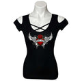 Ladies Heart Of An Angel Biker Cut Shoulder Chest Detail Shirt Black / S Ladies Heart Of An Angel Biker Cut Shoulder Chest Detail Shirt Black / S