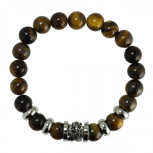 Tiger Eye Natural Stone Beads With Dragon Barrel Stainless Steel Charm Bracelet
