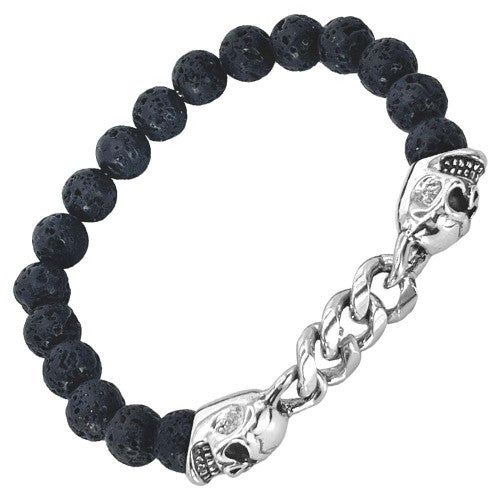 Black Lava Beads With Stainless Steel Skull Chained Charms Stretch Bracelet