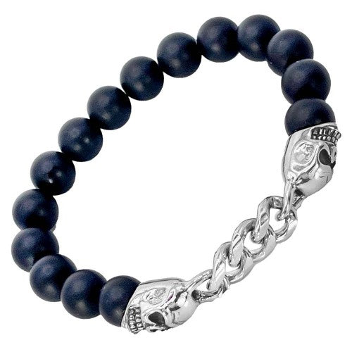 Black Matte Beads With Stainless Steel Skull Chained Charms Stretch Bracelet
