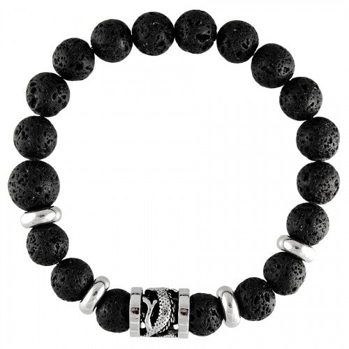 Black Lava Beads With Stainless Steel Dragon Barrel Charm Bracelet