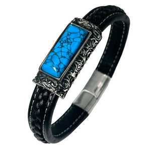 Stainless Steel & Turquoise Stone Charm Bar Leather Bracelet