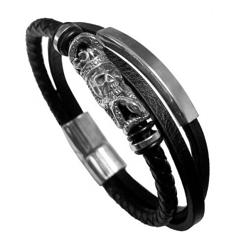 Stainless Steel Wrapped Snake Skull Charm Multi Band Leather Bracelet