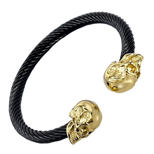 Gold Skull Heads Stainless Steel Black Twisted Cable Bangle