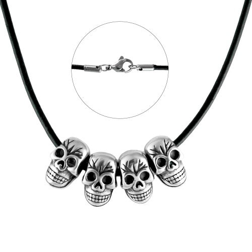 Stainless Steel Skull Head Charms Black Leather Necklace