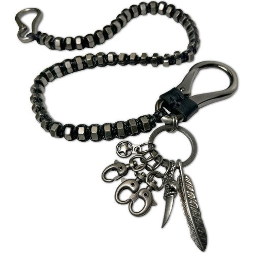 Long Stainless Steel Beaded Leather Feather W/ Claw Key & Wallet Chain