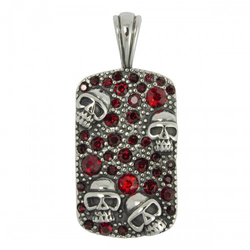 Stainless Steel Red CZ Encrusted Skulls Dog Tag