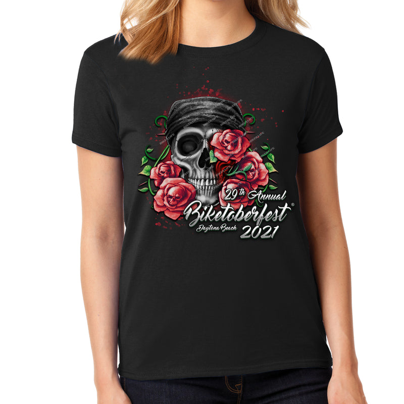 Ladies Missy Cut 2021 Biketoberfest Daytona Beach Bandana Skull T-Shirt