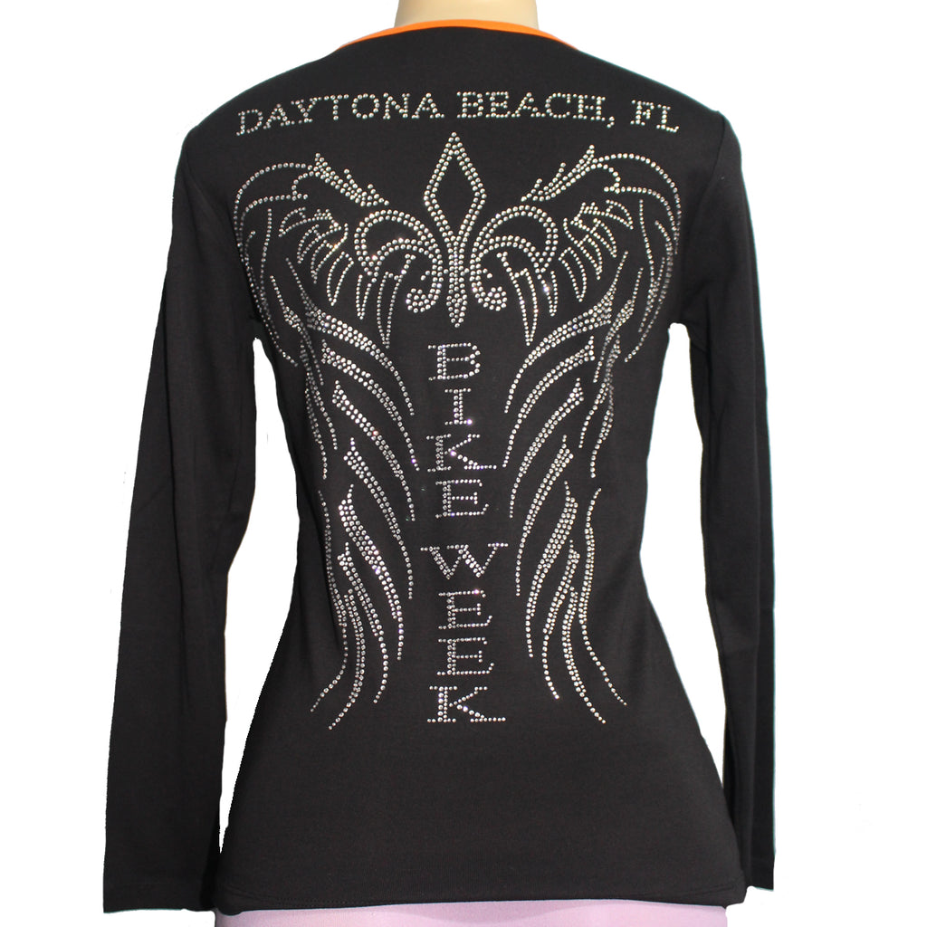 Ladies Bike Week Daytona Beach Rhinestone Bike Week Angel Wings Long Sleeve Shirt