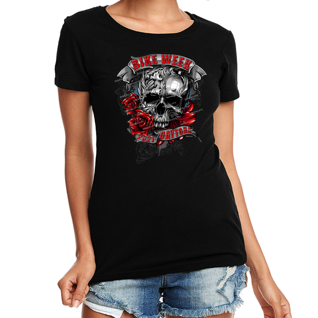 Ladies 2021 Bike Week Daytona Beach Floral Skull  T-Shirt (Jr. Cut/Missy Cut/ Misses Curvy)