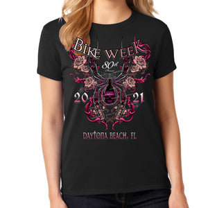 Ladies Missy Cut 2021 Bike Week Daytona Beach Spider Rose T-Shirt