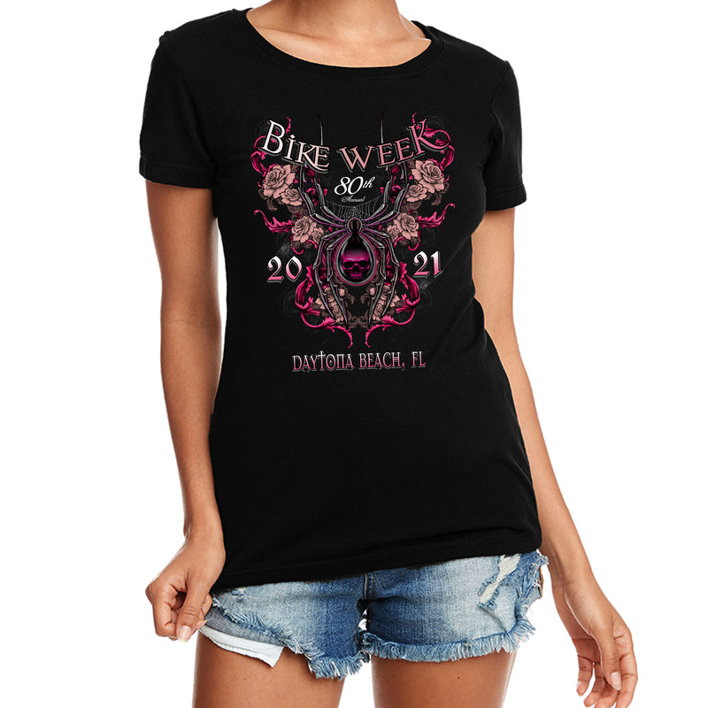 Ladies Jr. Cut 2021 Bike Week Daytona Beach Spider Rose Cap Sleeve Tee