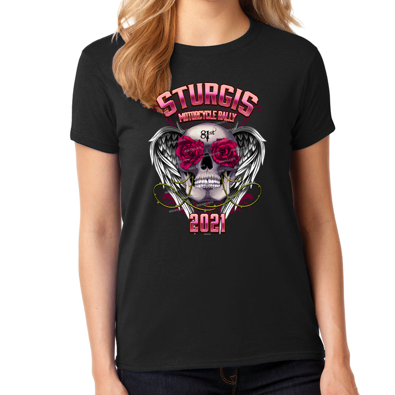 Ladies Missy Cut 2021 Sturgis Motorcycle Rally Crossed Vines Rose Skull T-Shirt