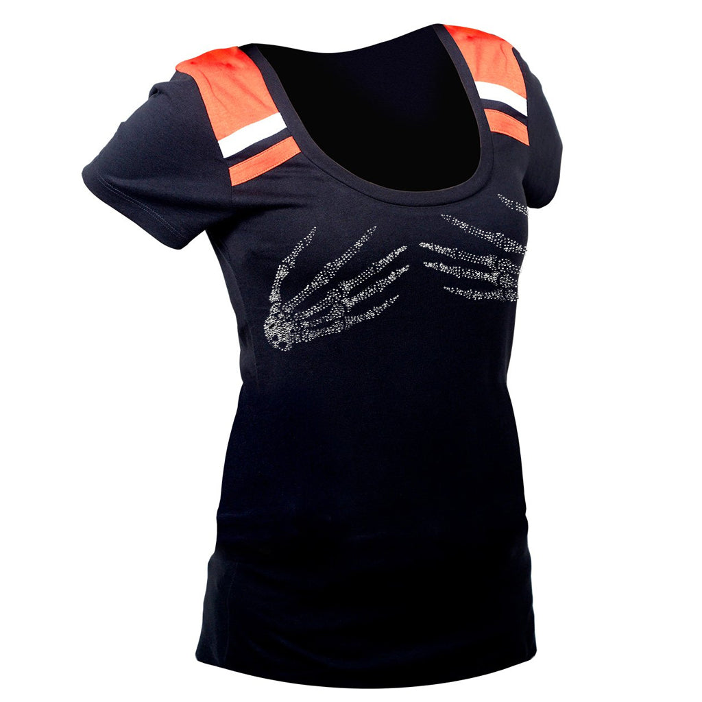 Ladies Rhinestone Skeleton Hands Two Toned Shirt
