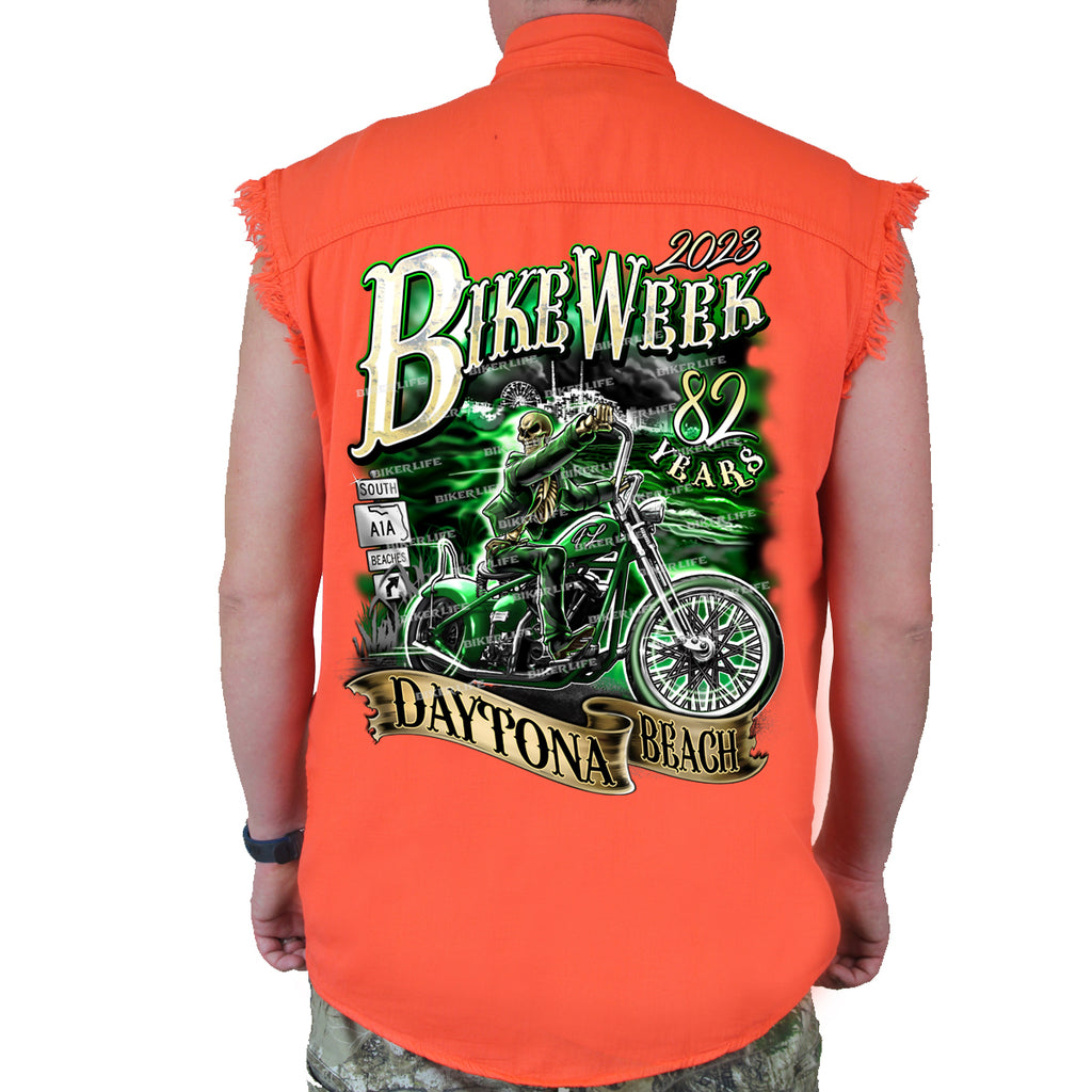 2023 Bike Week Daytona Beach Green Skeleton Rider Cut-Off Denim
