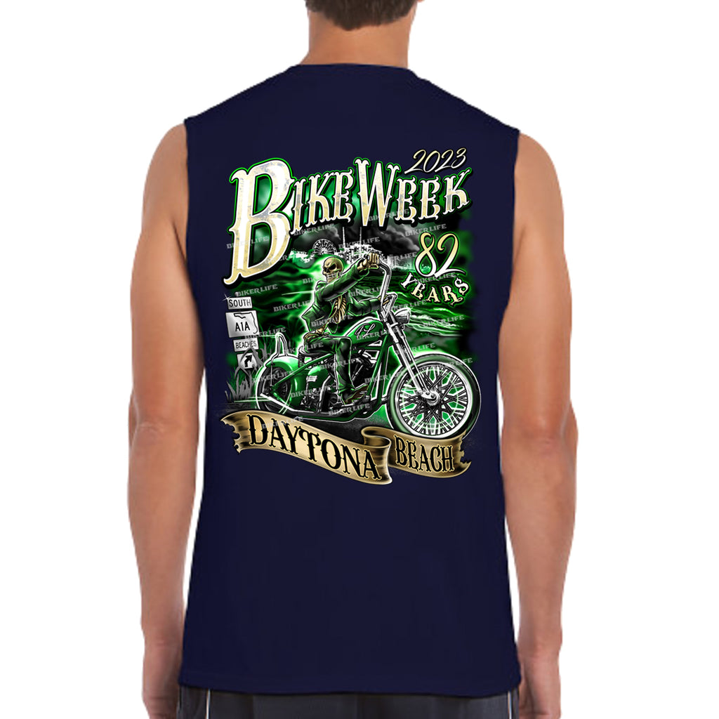 2023 Bike Week Daytona Beach Green Skeleton Rider Muscle Shirt