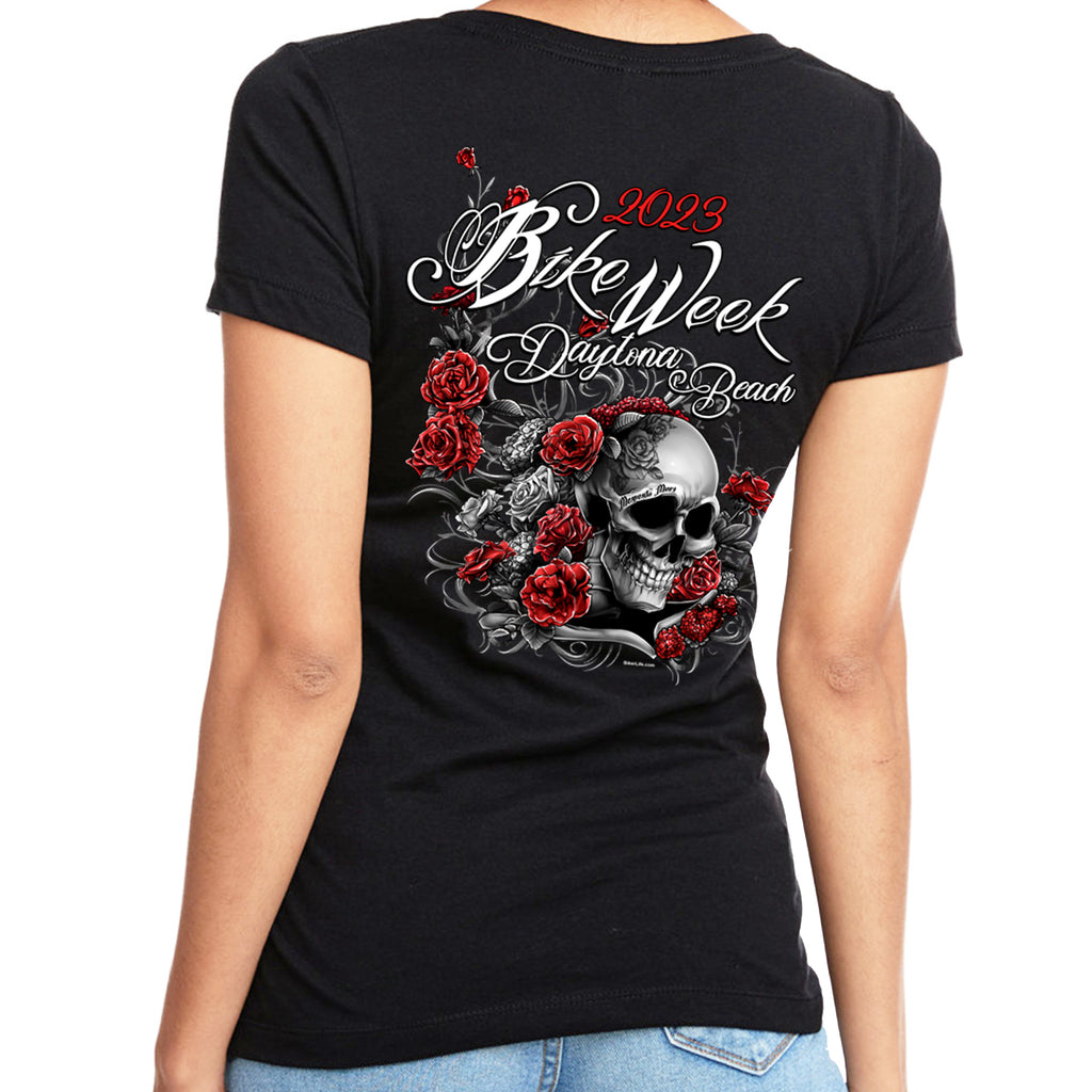 Ladies Jr. Cut 2023 Bike Week Daytona Beach Memento Mori V-Neck Shirt