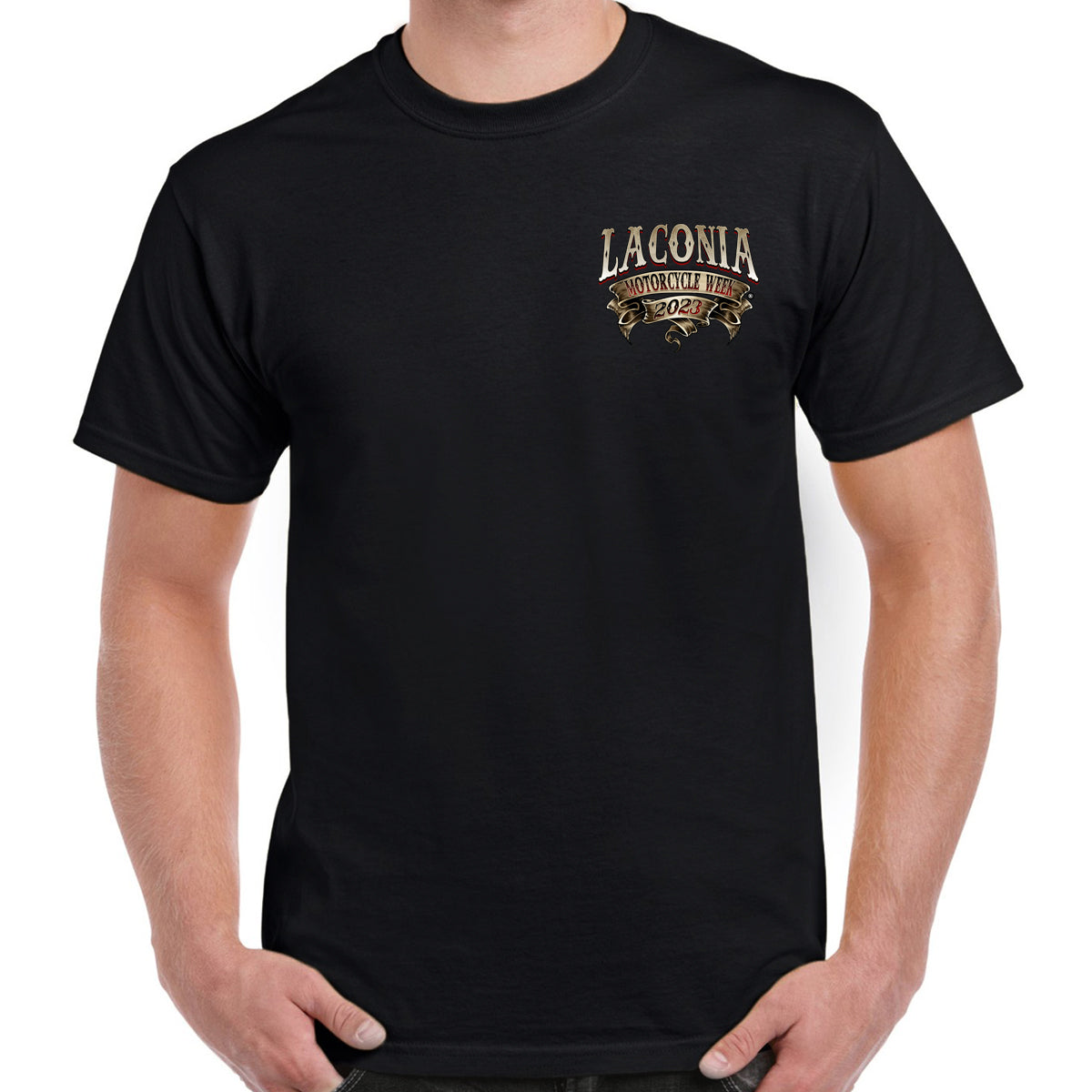 2023 Laconia Motorcycle Week Rustic Ribboned Engine T-Shirt Black / L / Regular