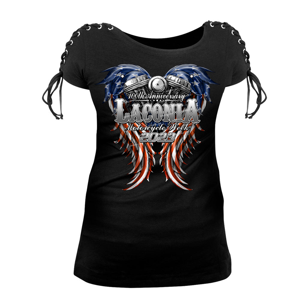 Ladies 2023 Laconia Motorcycle Week American Woman Corset Sleeve Shirt