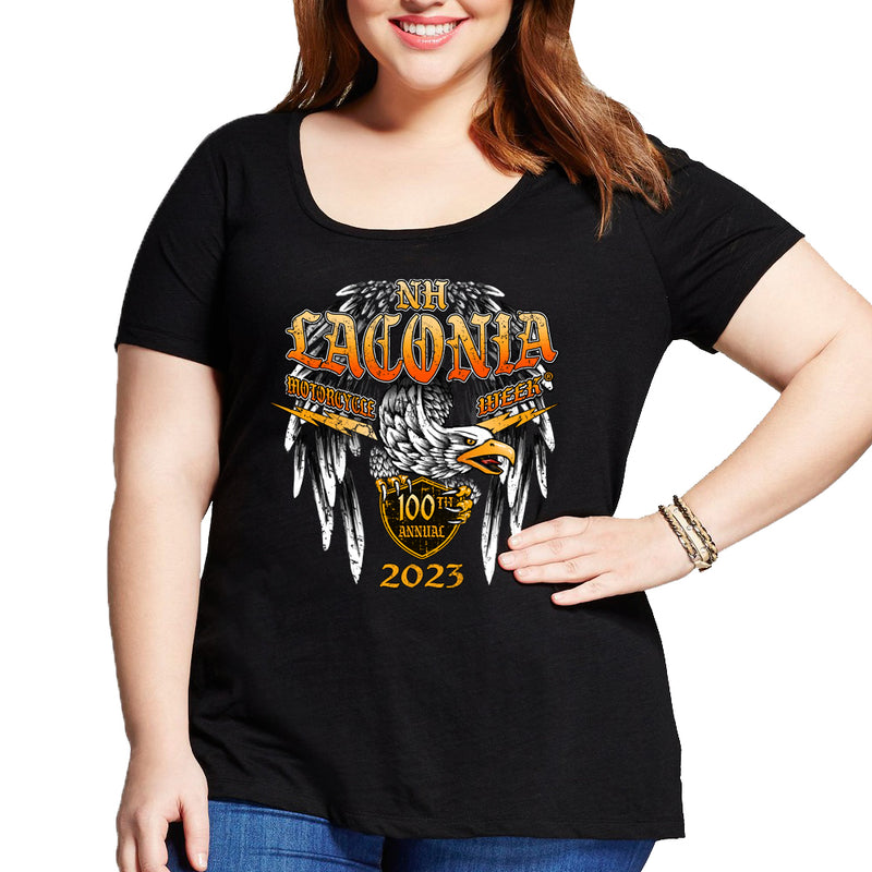 Ladies 2023 Laconia Motorcycle Week Eagle Bolt Plus Size Scoop Neck T-Shirt