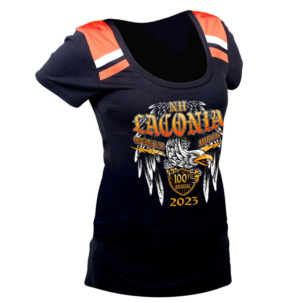 Ladies 2023 Laconia Motorcycle Week Eagle Bolt Two Toned Shirt