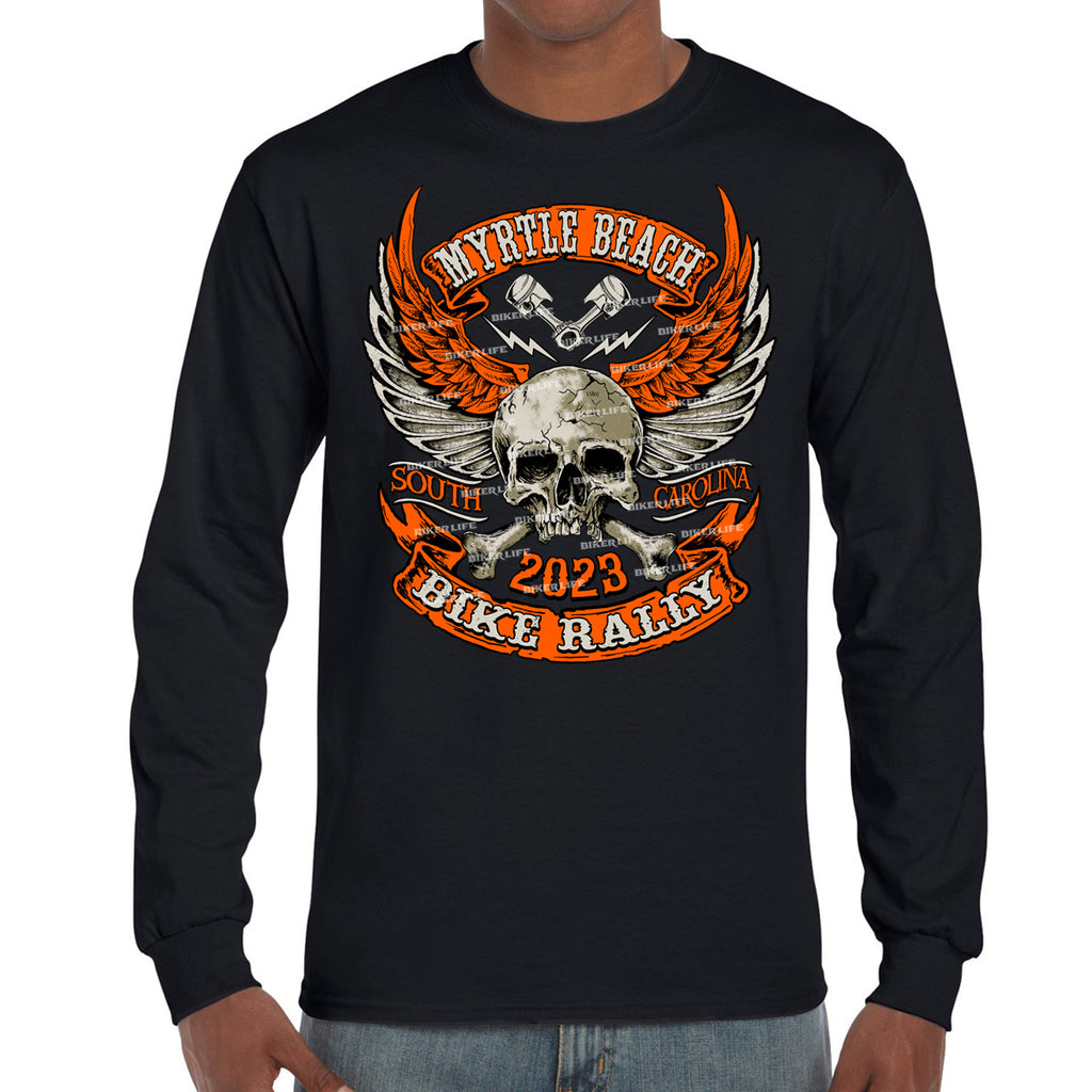 2023 Myrtle Beach Bike Rally Orange Skull Wings Front Print Long Sleeve