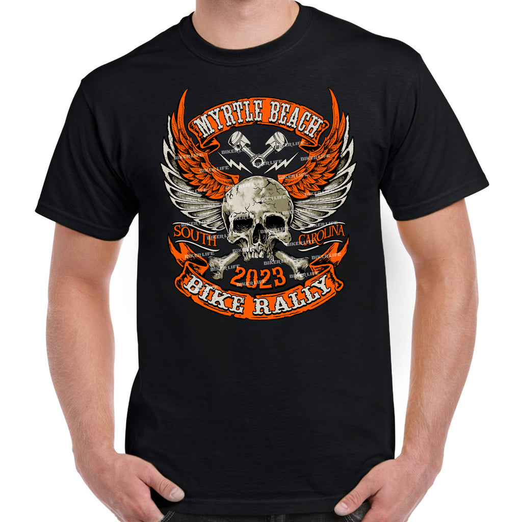 2023 Myrtle Beach Bike Rally Orange Skull Wings Front Print T-Shirt