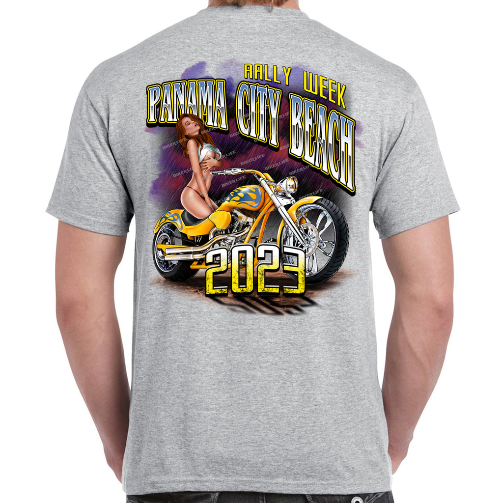 2023 Panama City Beach Rally Week Raining Chrome Chick T-Shirt
