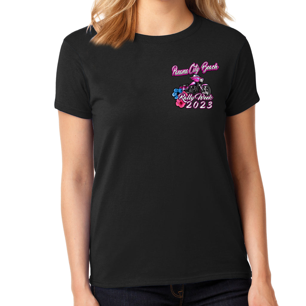 Ladies Missy Cut 2023 Panama City Beach Rally Week Paradise Pink Bike T-Shirt