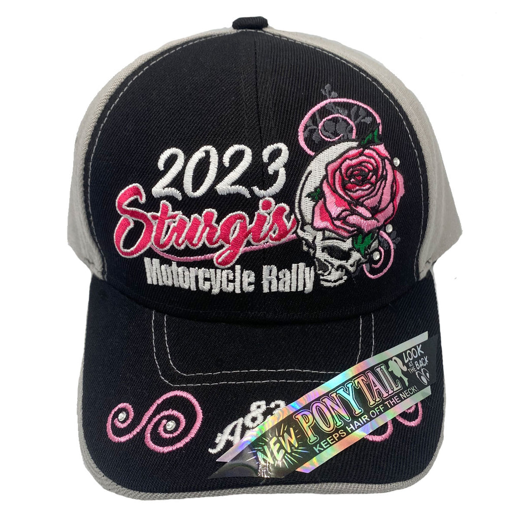Ladies 2023 Sturgis Motorcycle Rally Rose Skull Diamond Ponytail Hat