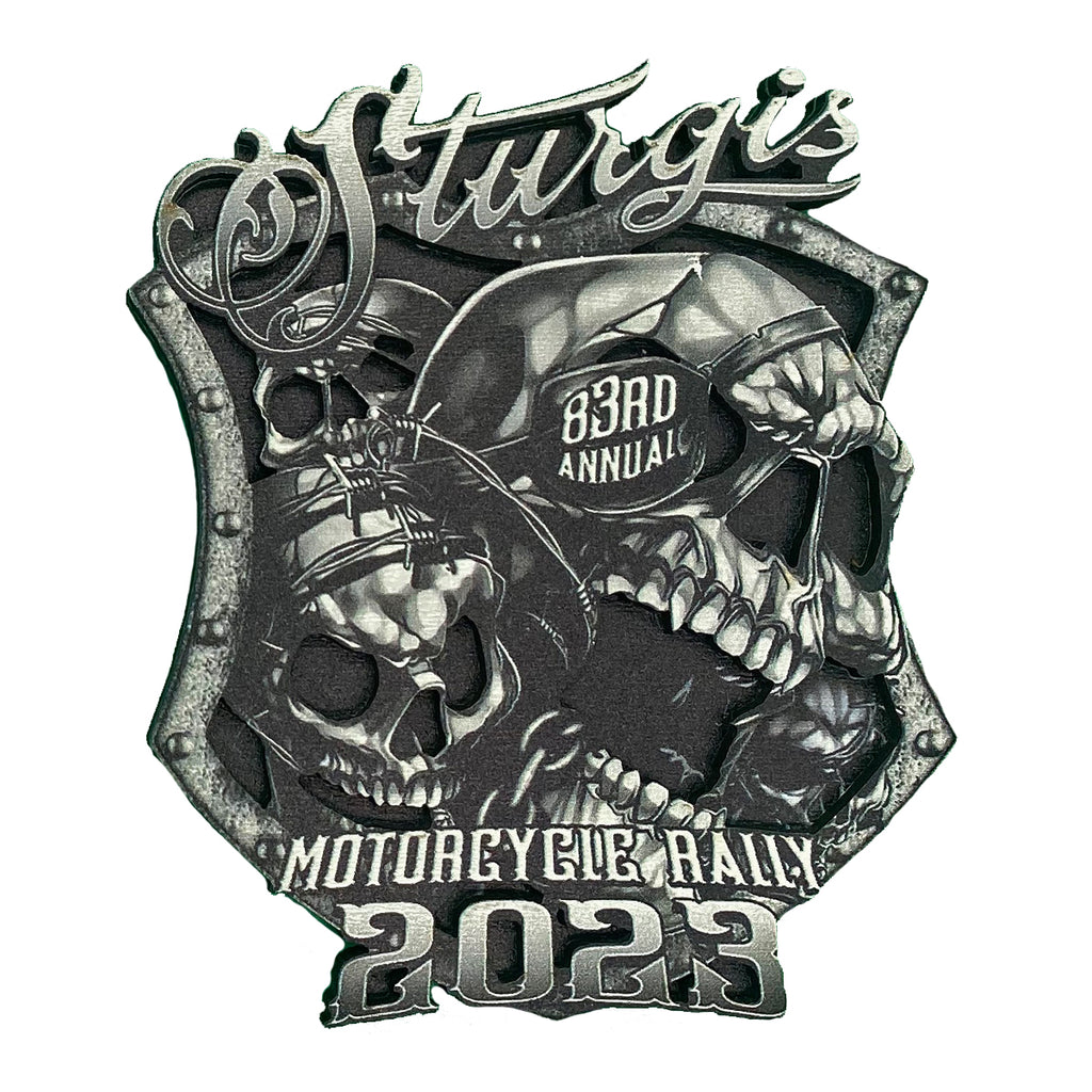 2023 Sturgis Motorcycle Rally Medieval Skull Shield Wooden 3D Magnet