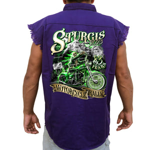 2023 Sturgis Motorcycle Rally Green Skeleton Rider Cut-Off Denim