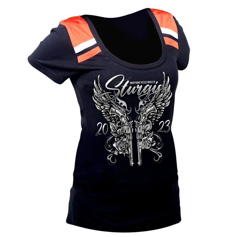 Ladies 2023 Sturgis Motorcycle Rally Guns & Roses Two Toned Shirt