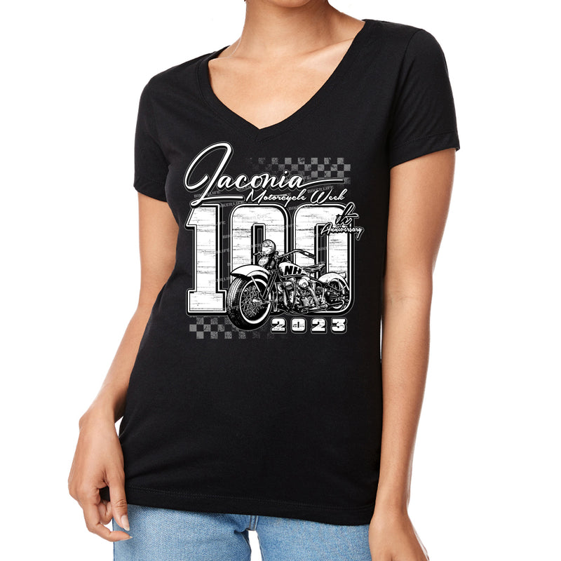 Ladies Jr. Cut 2023 Laconia Motorcycle Week 100 Years Finish Line V-Neck Shirt