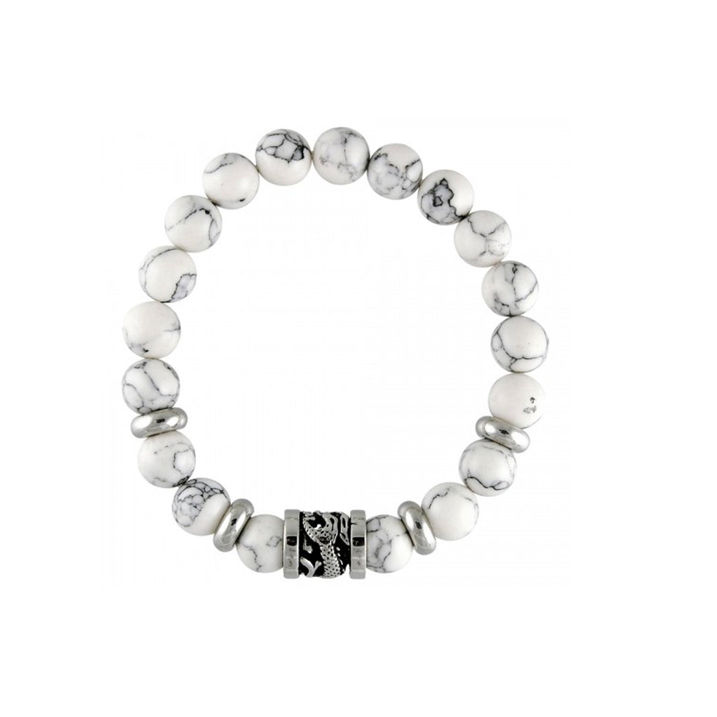 White Marble Stone Beads With Dragon Barrel Charm Stretch St. Steel Bracelet