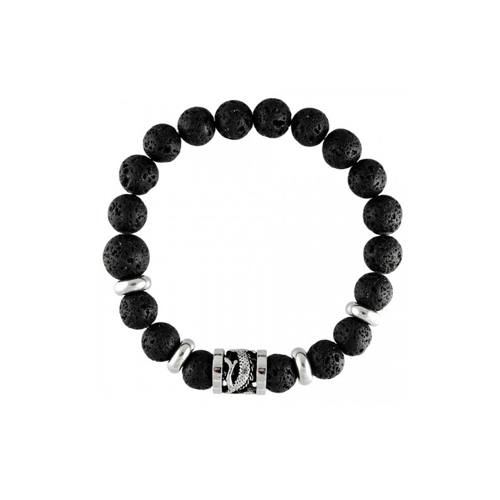 Black Lava Beads With Stainless Steel Dragon Barrel Charm Bracelet