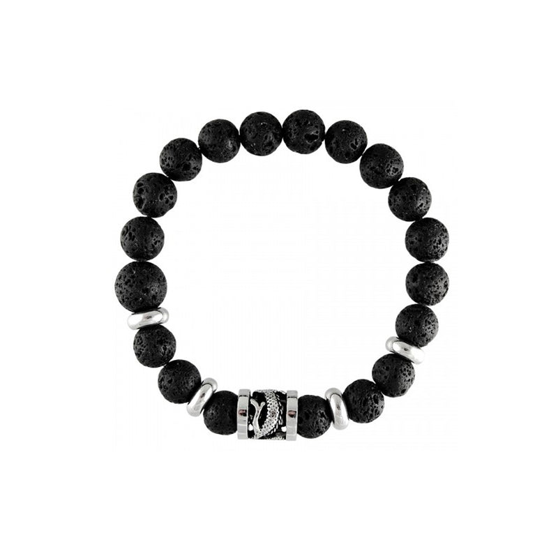 Black Lava Beads With Dragon Barrel Charm Stretch St. Steel Bracelet