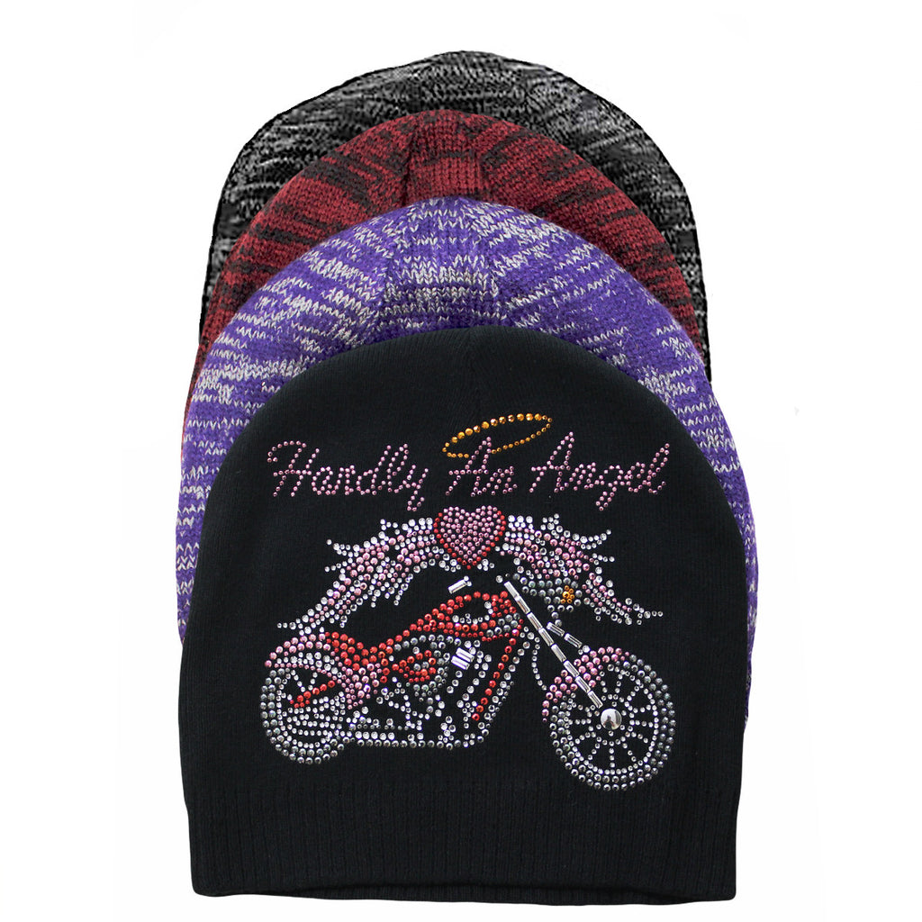 Hardly An Angel Motorcycle Knit Rhinestone Beanie
