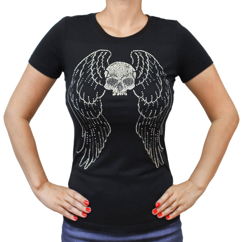 Ladies Flying Skull Rhinestones Crew Neck T-shirt