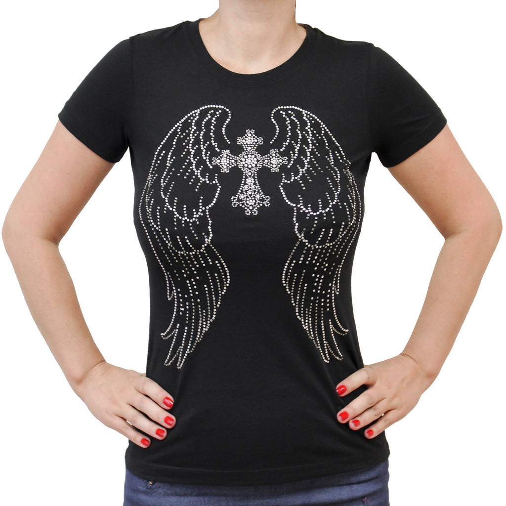 Ladies Cross Wings Rhinestones Crew Neck T-shirt
