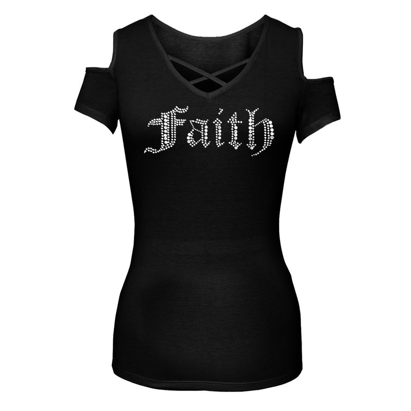 Ladies Rhinestone Faith Cut Shoulder Chest Detail Shirt