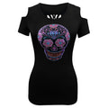 Ladies Rhinestone Calavera Shoulder Cutoff Sugar Skull Lace Back Shirt