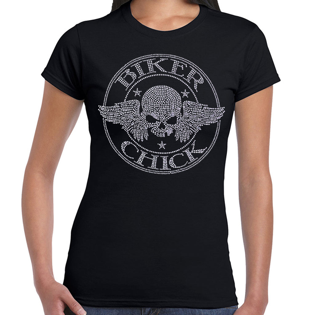 Ladies Rhinestone Biker Chick Skull Cap Sleeve T-Shirt