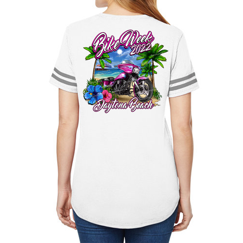 Ladies 2022 Bike Week Daytona Beach Pink Bike Victory T Shirt