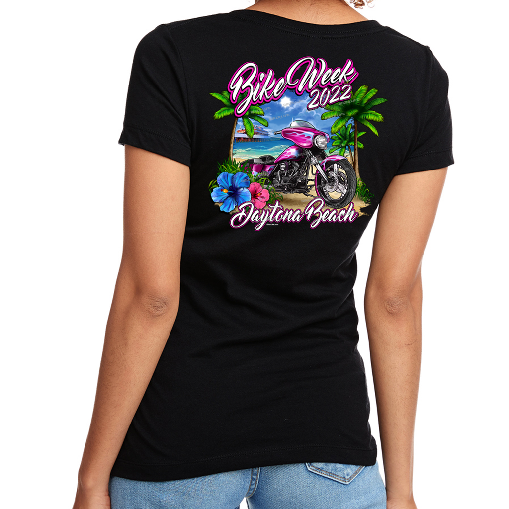 Ladies 2022 Bike Week Daytona Beach Pink Bike V-Neck T-Shirt