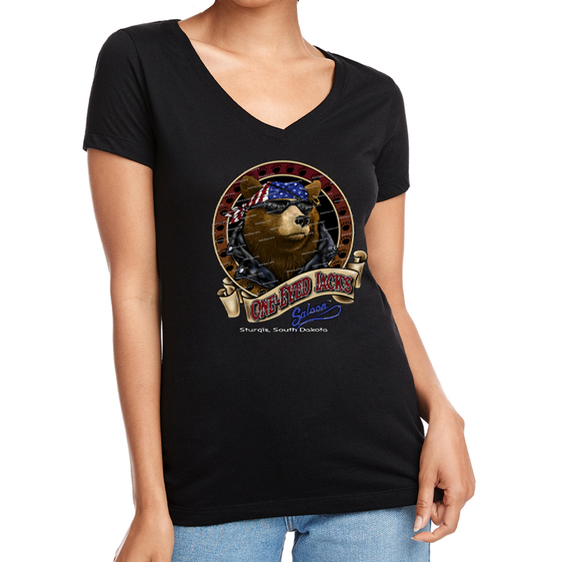 Ladies One Eyed Jack's Saloon Cool Bear Front Printed V-Neck T-Shirt