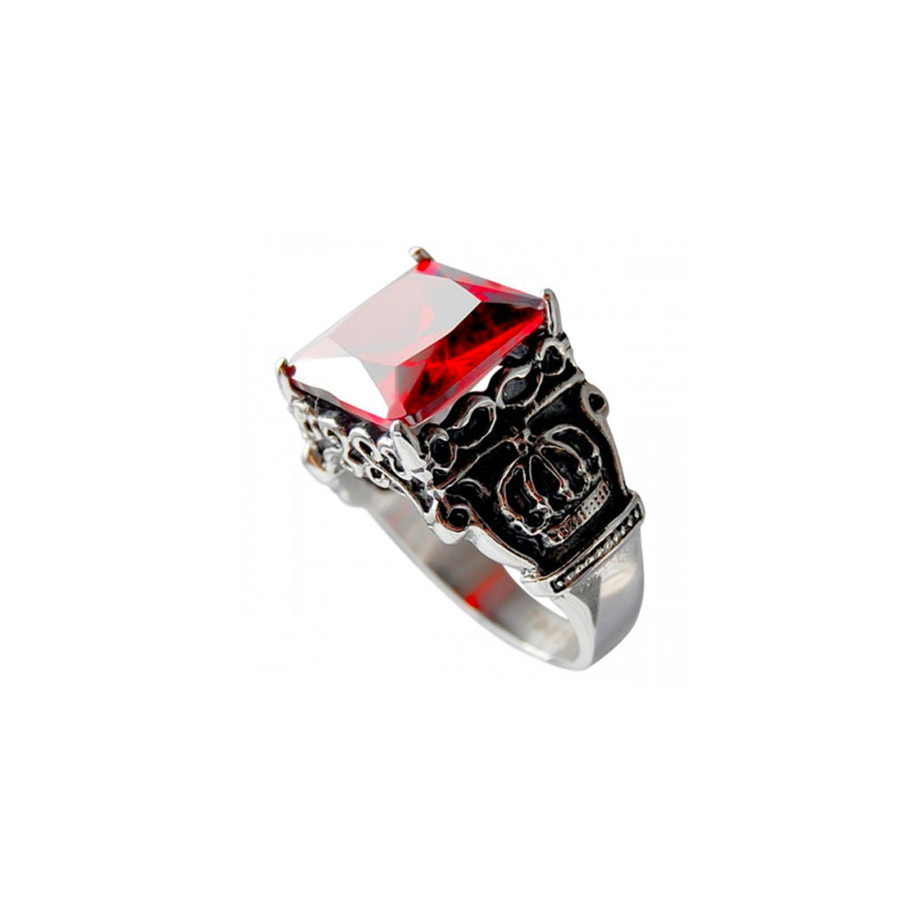 Red Ruby & Royal Crown Square Cast Stainless Steel Biker Ring