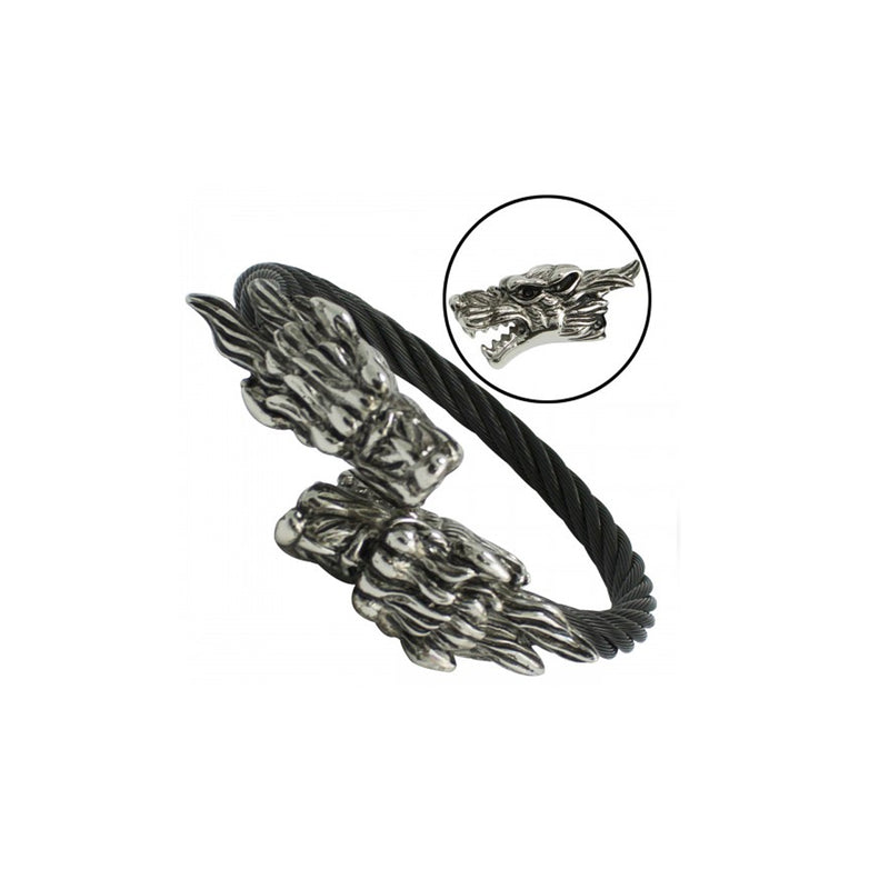 Black Double Dragon Head Stainless Steel Cable Bangle