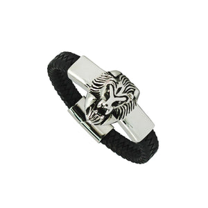 Steel Lion Head Black Leather Braided Bracelet With Magnetic Closure